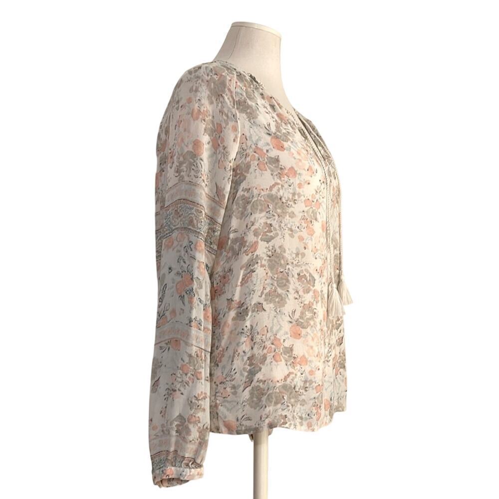 Lucky Brand Cream Floral Long Sleeve Tie Front Peasant Top | Size L/G - Picture 3 of 6